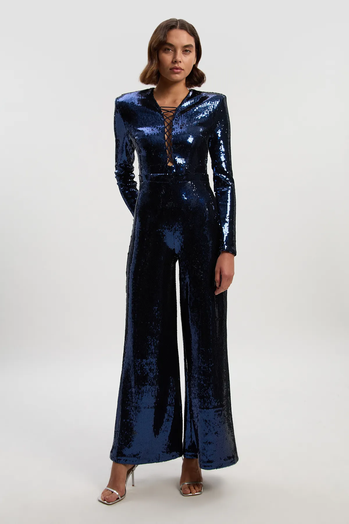 Petite Sequin Power Mesh Lace Up Detail Long Sleeve Jumpsuit BKK27001