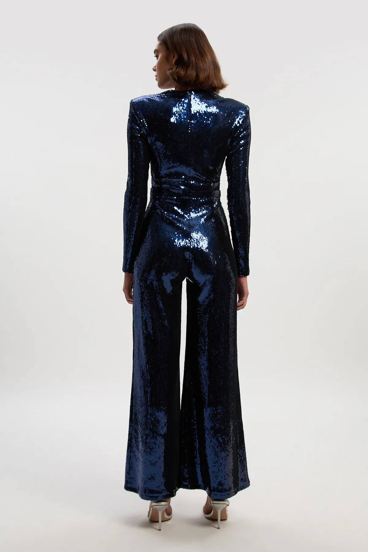 Petite Sequin Power Mesh Lace Up Detail Long Sleeve Jumpsuit BKK27001