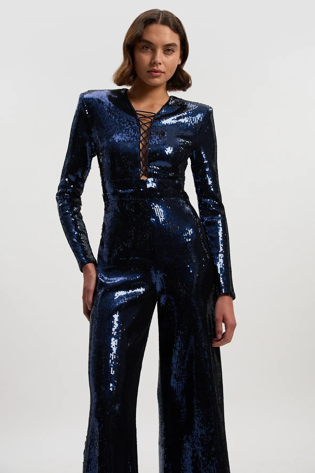 Sequin Power Mesh Lace Up Detail Long Sleeve Jumpsuit BKK27005