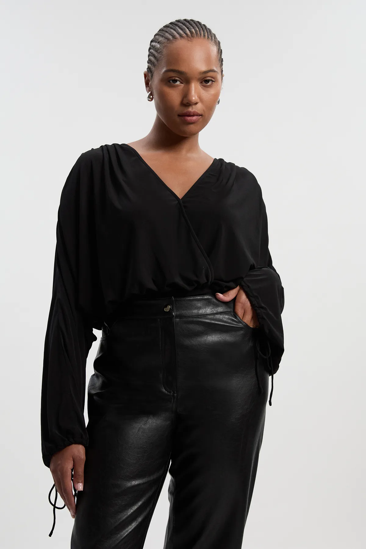 Plus Size Stretch Drapey Crepe Ruched Plunge Neck Batwing Sleeve Bodysuit BKK27004