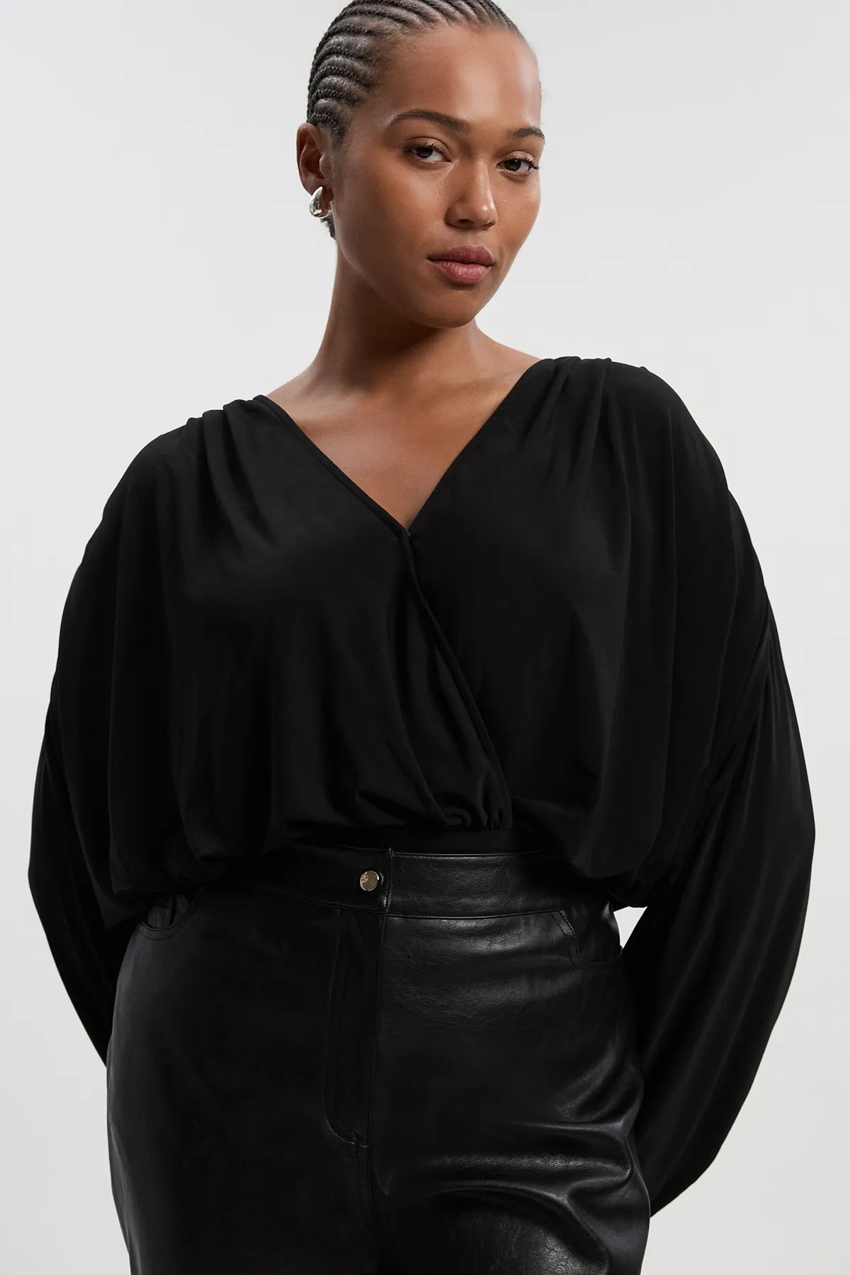 Plus Size Stretch Drapey Crepe Ruched Plunge Neck Batwing Sleeve Bodysuit BKK27004