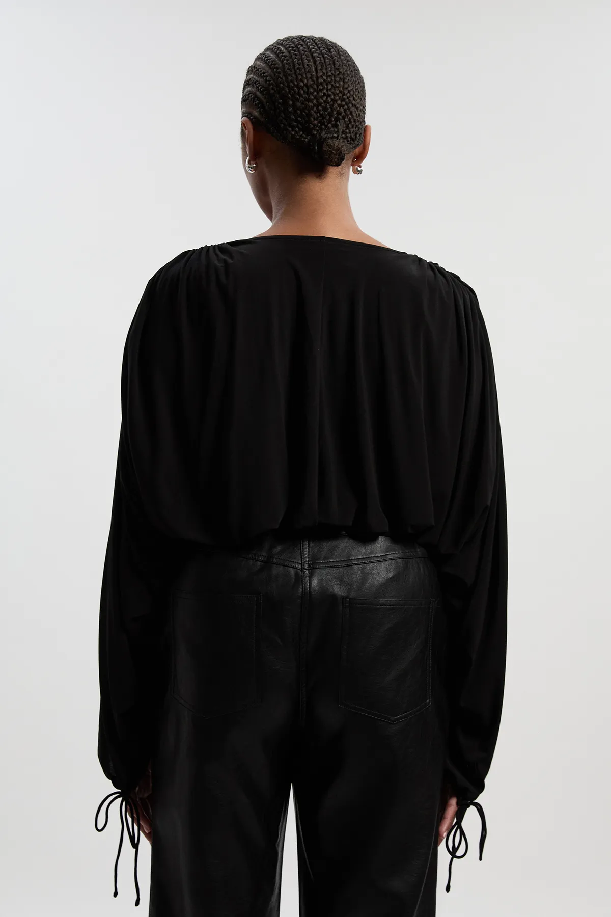 Plus Size Stretch Drapey Crepe Ruched Plunge Neck Batwing Sleeve Bodysuit BKK27004