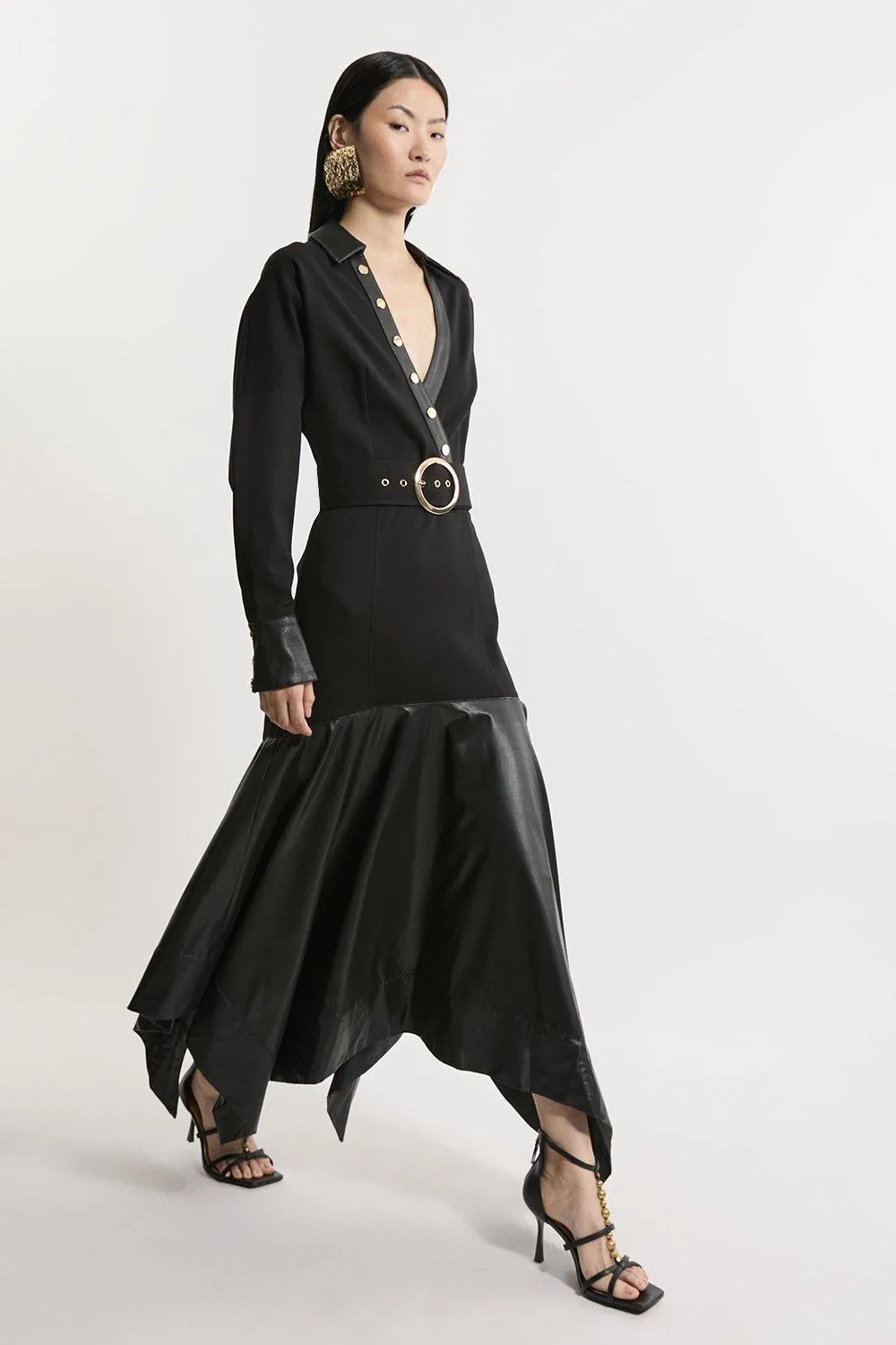 Belted Pu And Ponte Jersey Frill Hem Midi Dress BKK21429