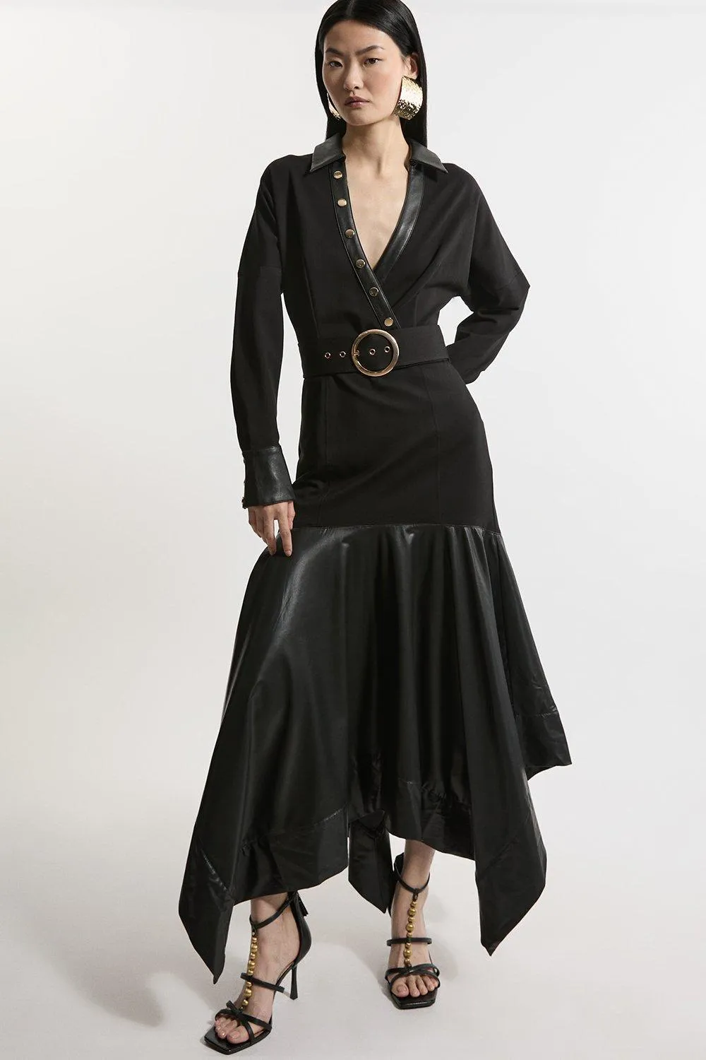 Belted Pu And Ponte Jersey Frill Hem Midi Dress BKK21429