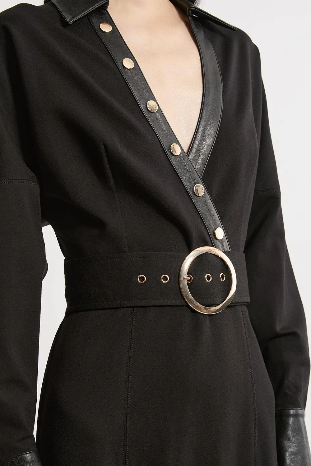 Belted Pu And Ponte Jersey Frill Hem Midi Dress BKK21429 3 Belted Pu And Ponte Jersey Frill Hem Midi Dress BKK21429