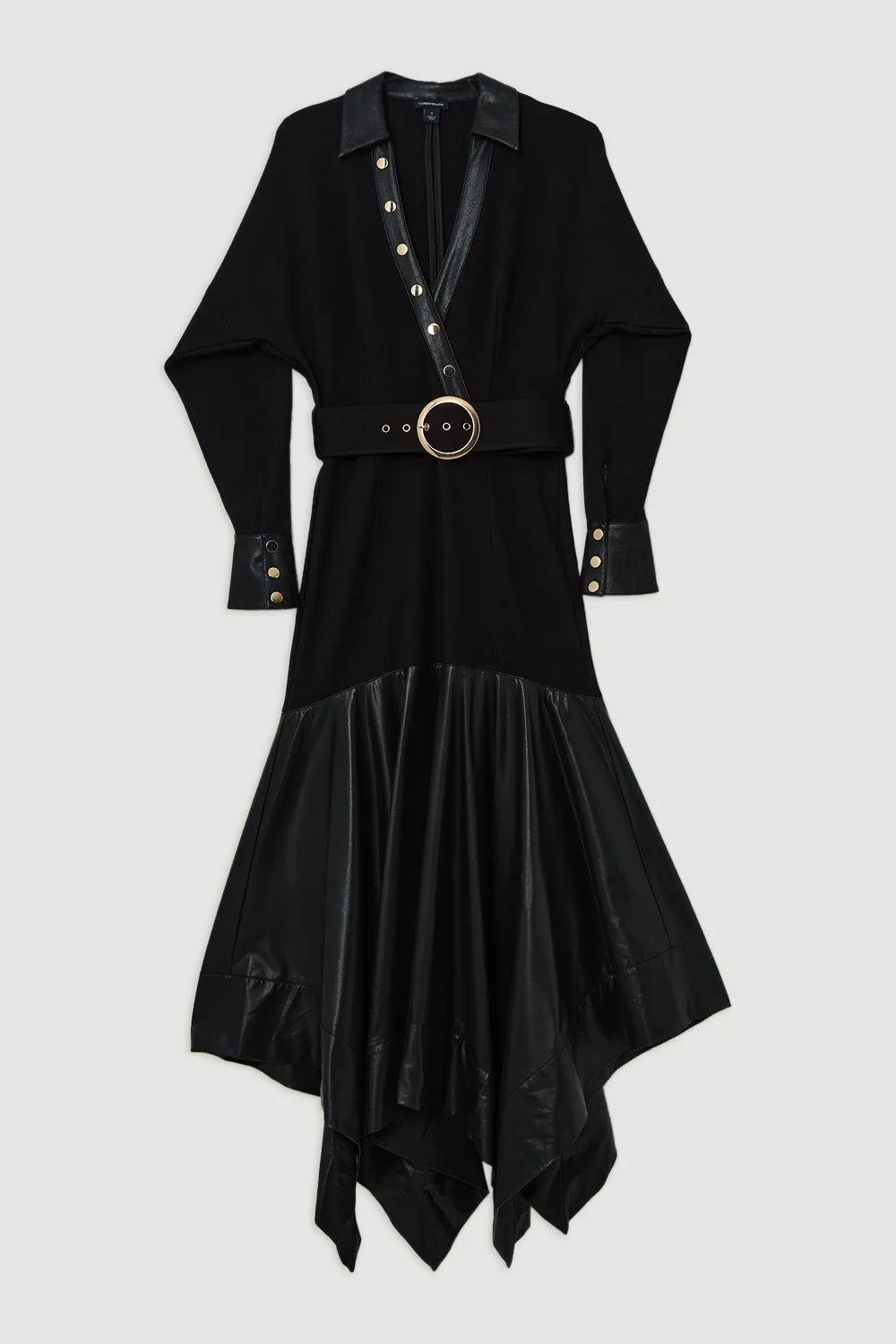 Belted Pu And Ponte Jersey Frill Hem Midi Dress BKK21429 4 Belted Pu And Ponte Jersey Frill Hem Midi Dress BKK21429