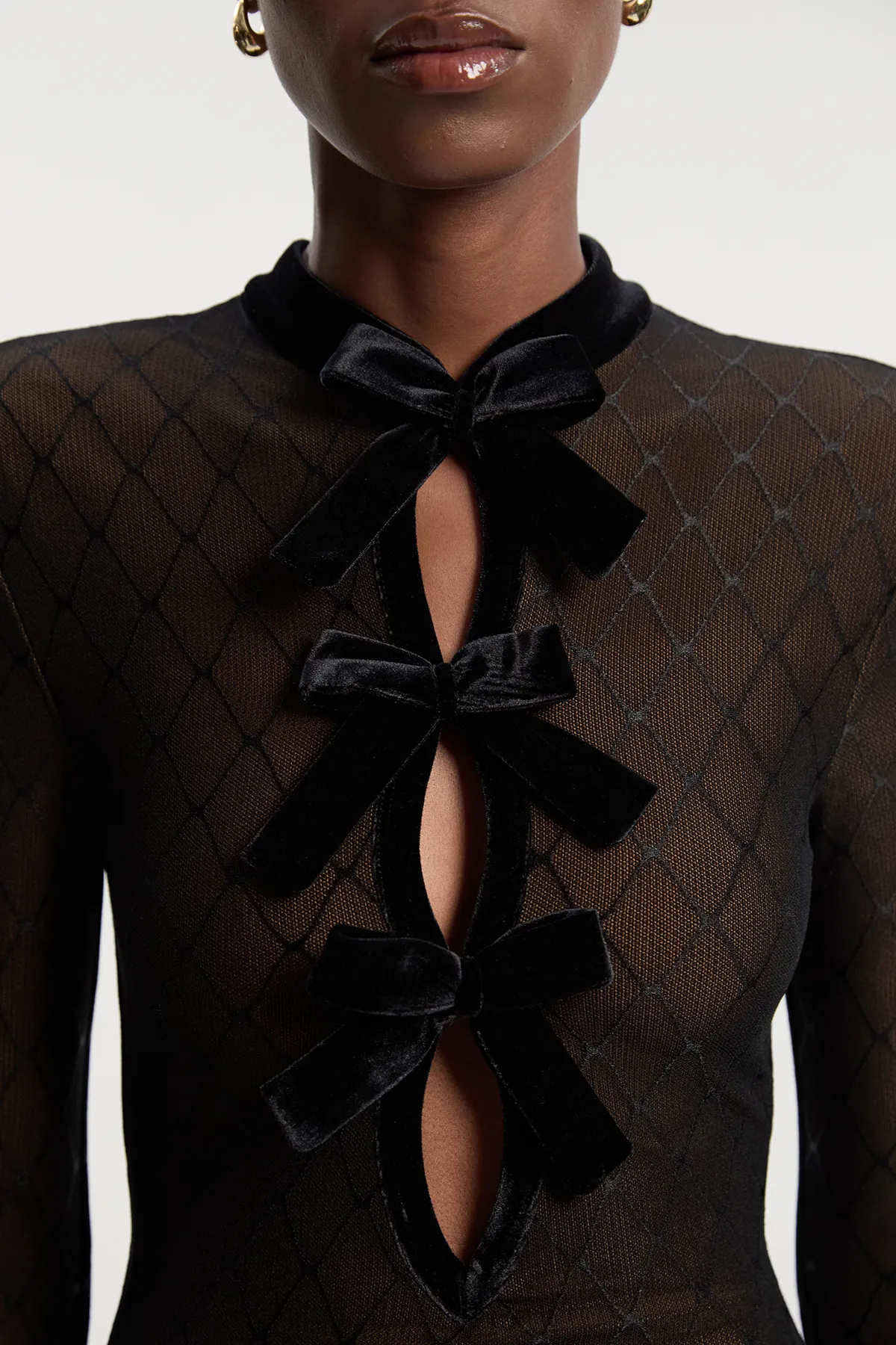 Mesh With Velvet Bow Trim Detail Long Sleeve Midi Dress BKK27010