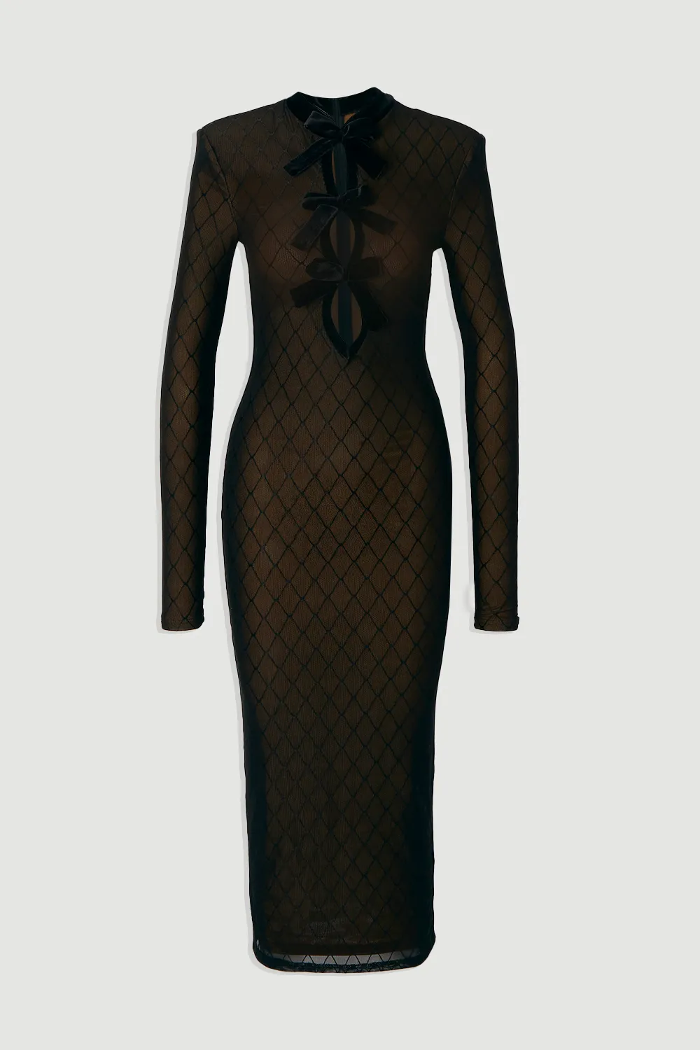 Mesh With Velvet Bow Trim Detail Long Sleeve Midi Dress BKK27010 4 Mesh With Velvet Bow Trim Detail Long Sleeve Midi Dress BKK27010