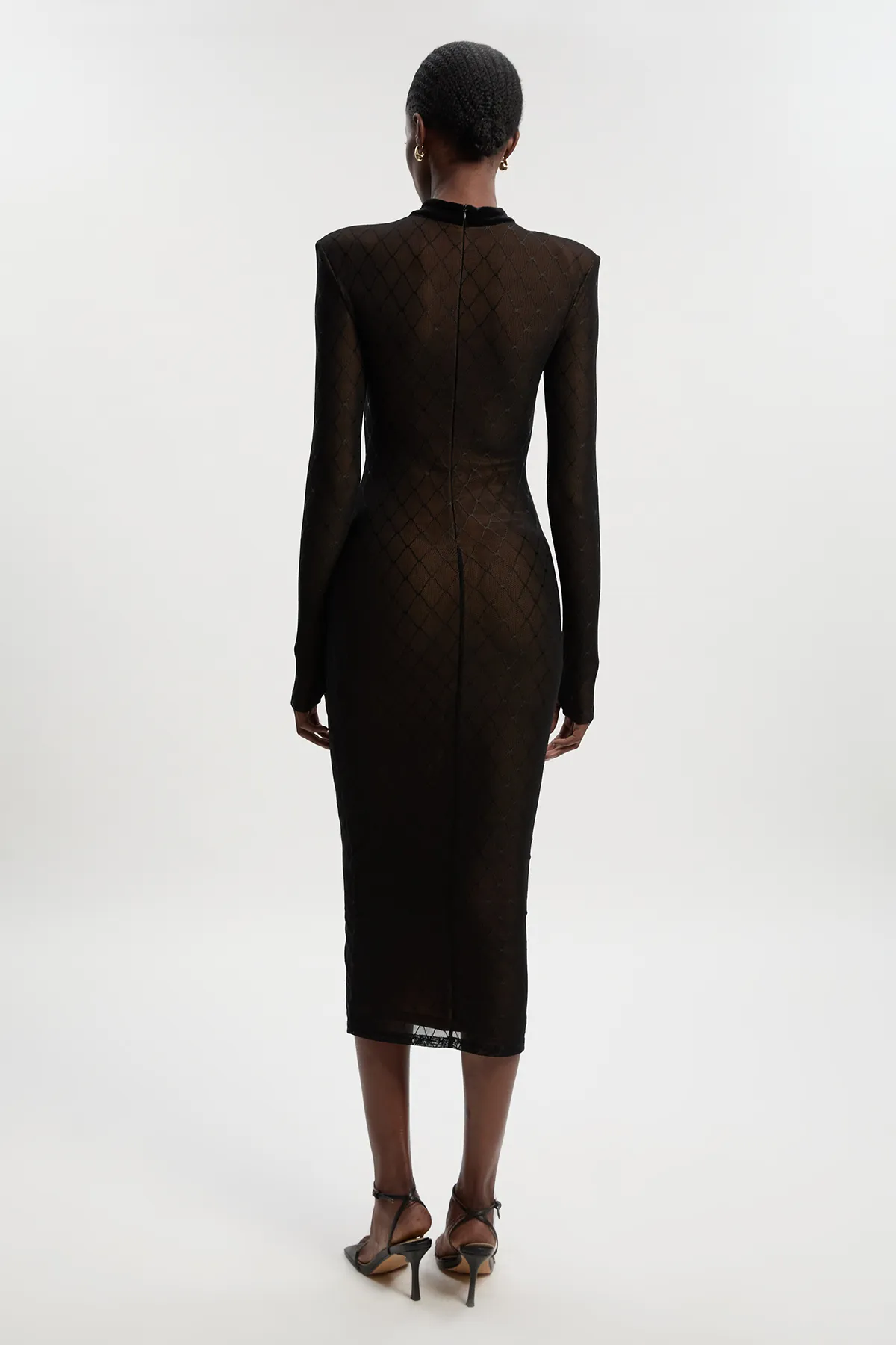 Mesh With Velvet Bow Trim Detail Long Sleeve Midi Dress BKK27010 5 Mesh With Velvet Bow Trim Detail Long Sleeve Midi Dress BKK27010