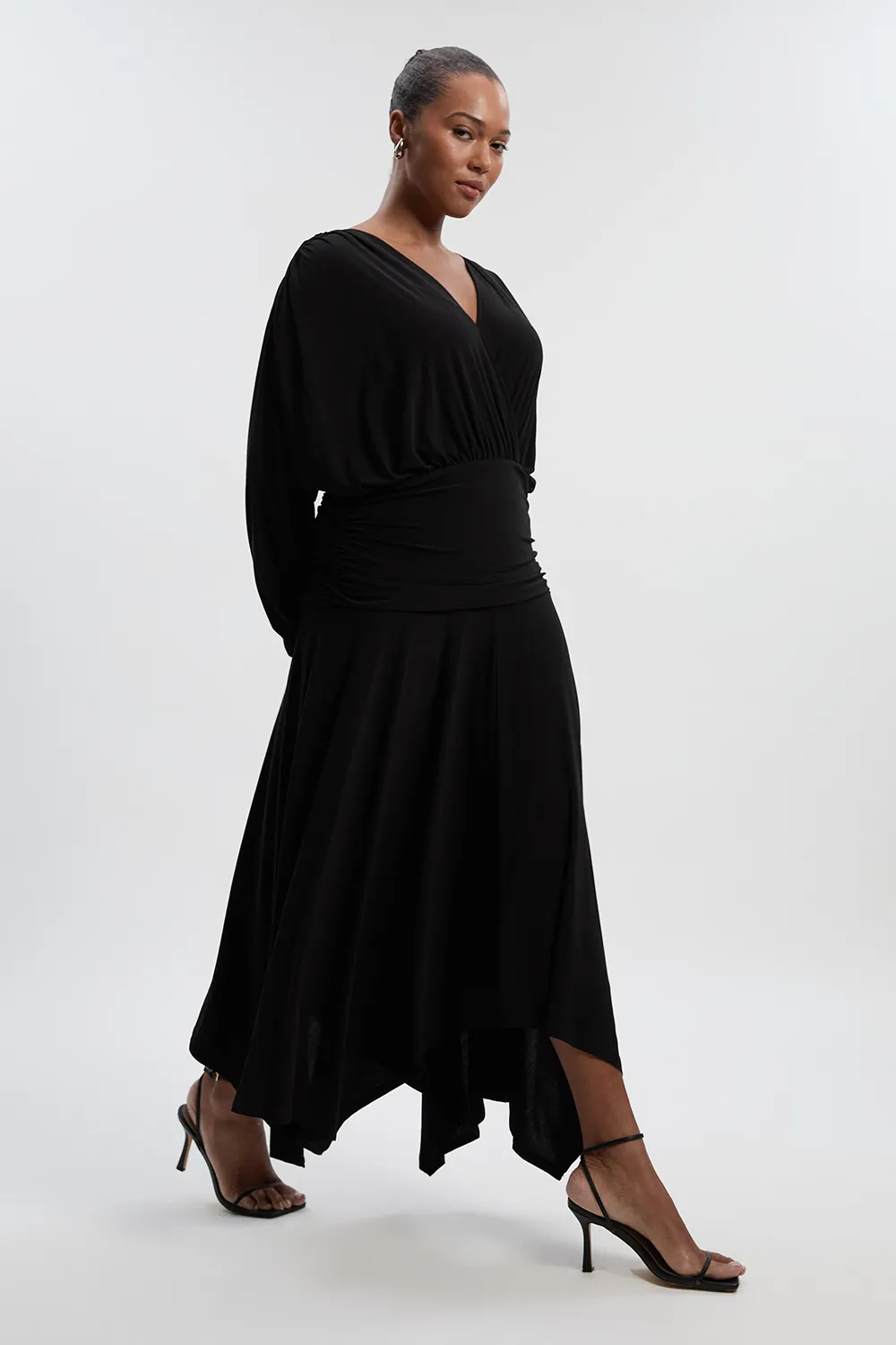 Plus Size Stretch Drapey Crepe Ruched Plunge Neck Batwing Sleeve Maxi Dress BKK27012