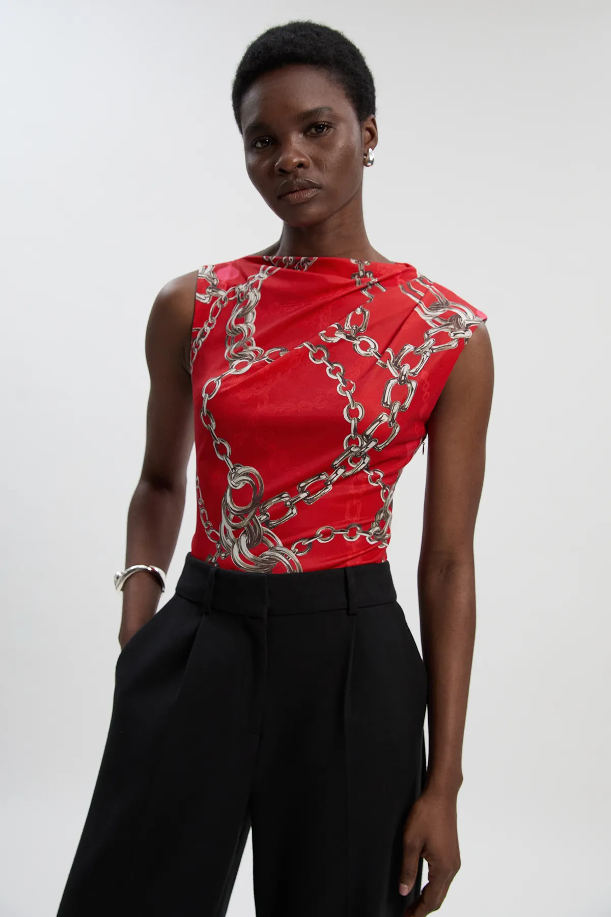 Chain Print Crepe Asymmetric Neck Sleeveless Top BKK27024