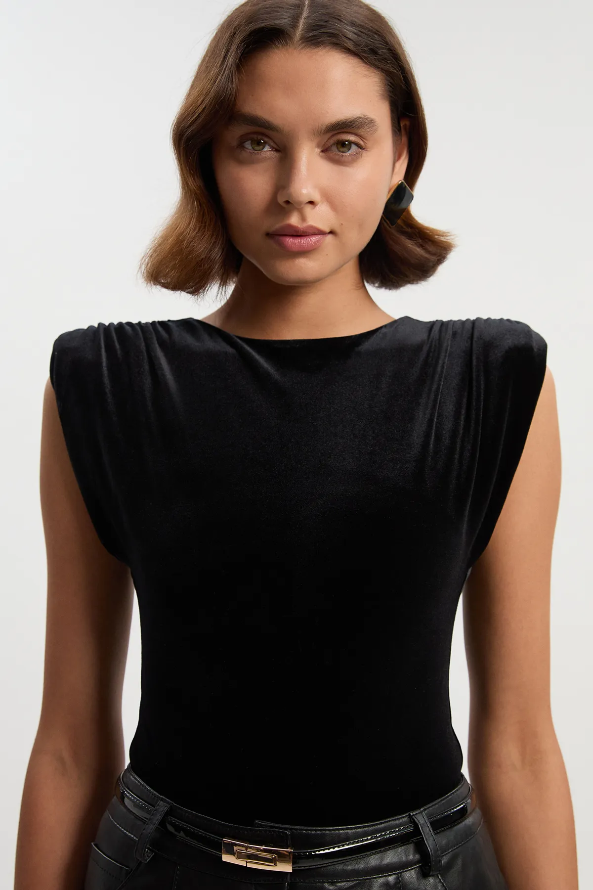 Stretch Velvet Strong Shoulder Bodysuit BKK27031