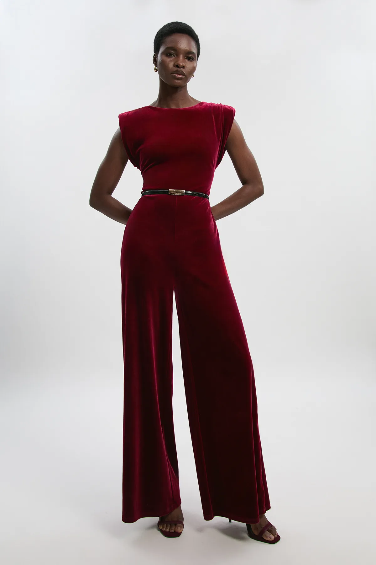 Petite Stretch Velvet Strong Shoulder Jumpsuit BKK27033