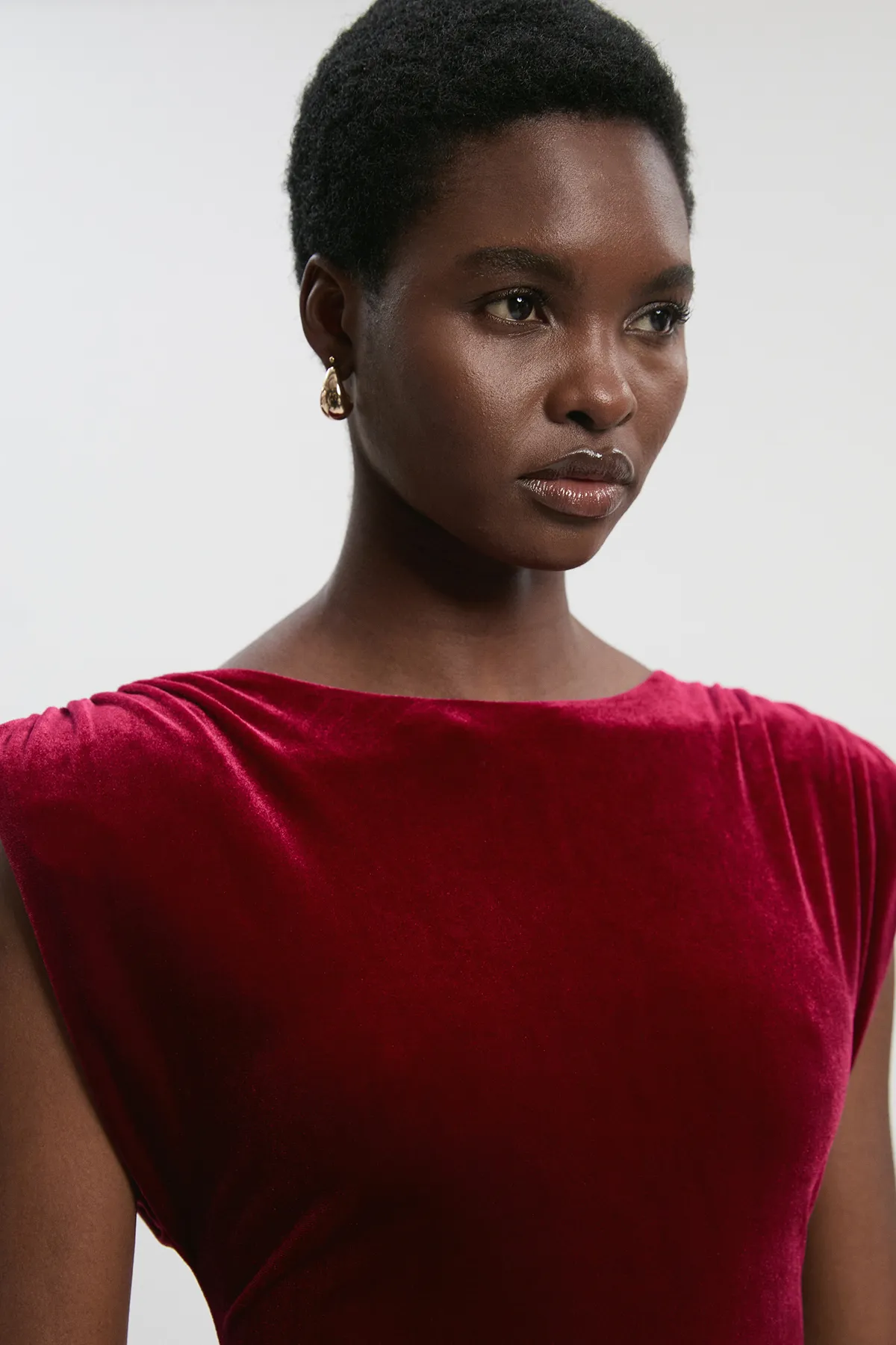 Petite Stretch Velvet Strong Shoulder Jumpsuit BKK27033