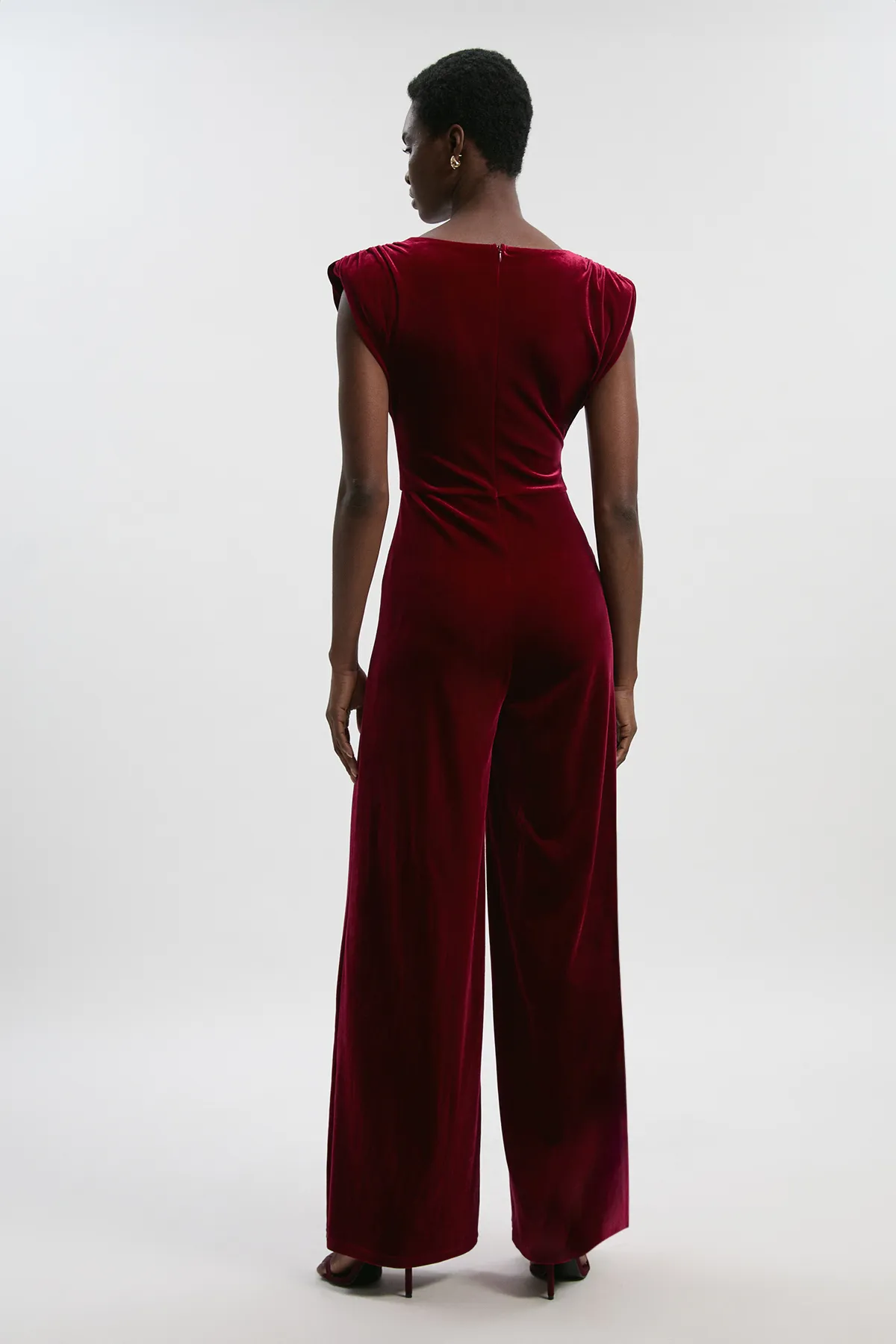 Petite Stretch Velvet Strong Shoulder Jumpsuit BKK27033