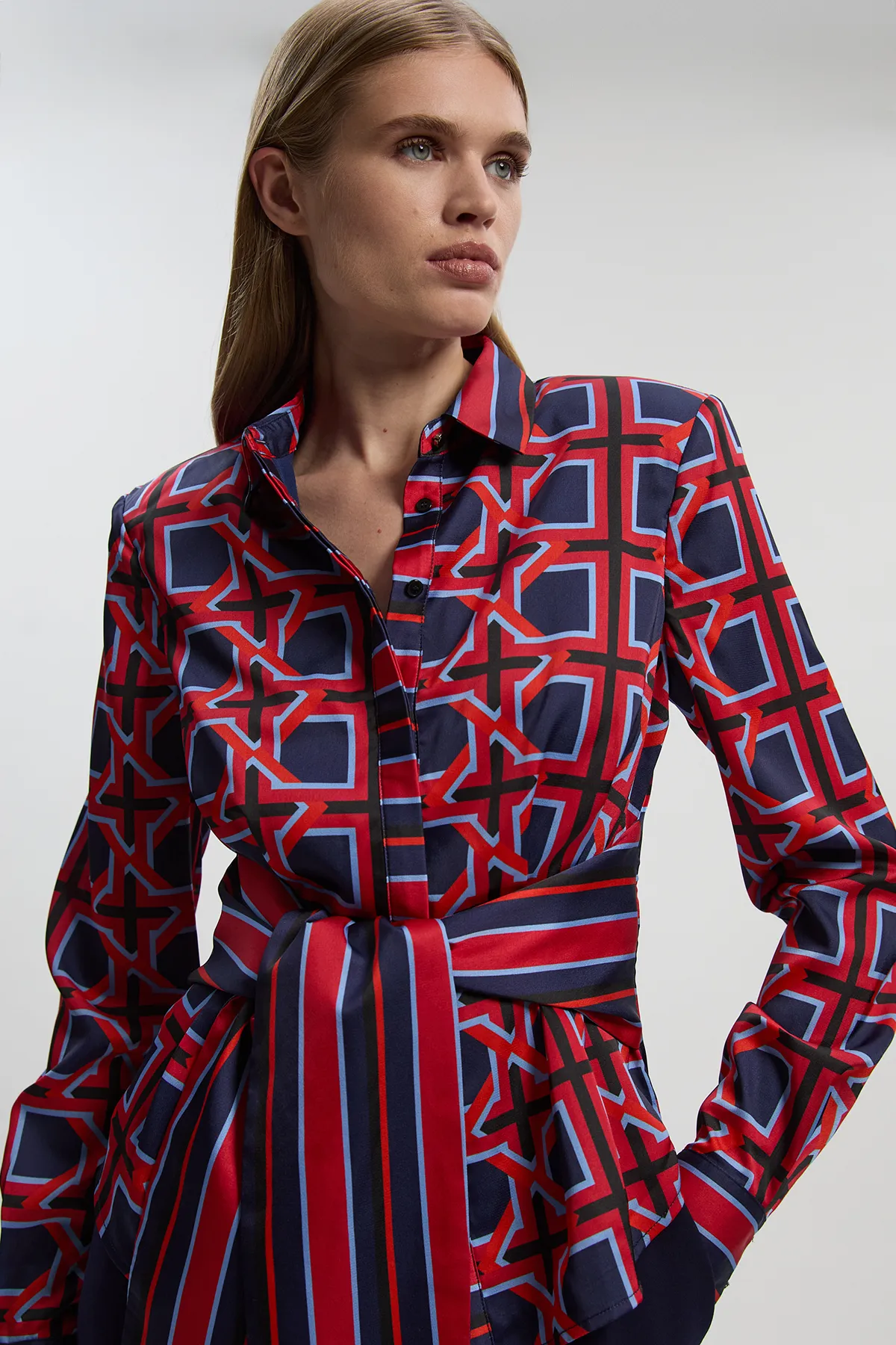 Geo Print Hammered Satin Tie Waist Woven Shirt BKK27055