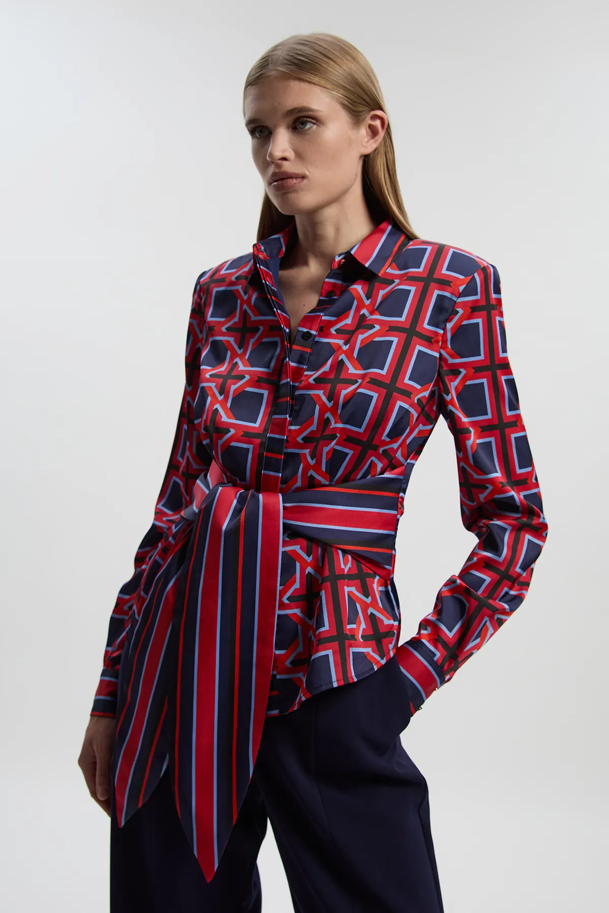 Geo Print Hammered Satin Tie Waist Woven Shirt BKK27055