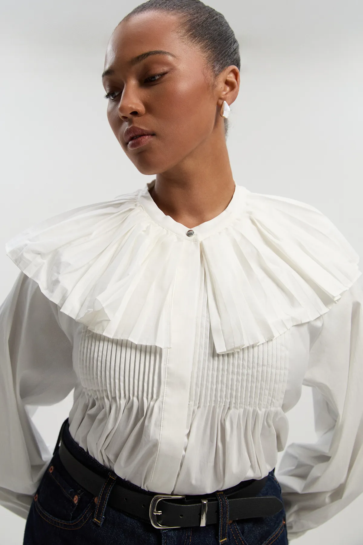 Plus Size Cotton Poplin Pleat Detail Woven Shirt BKK27059