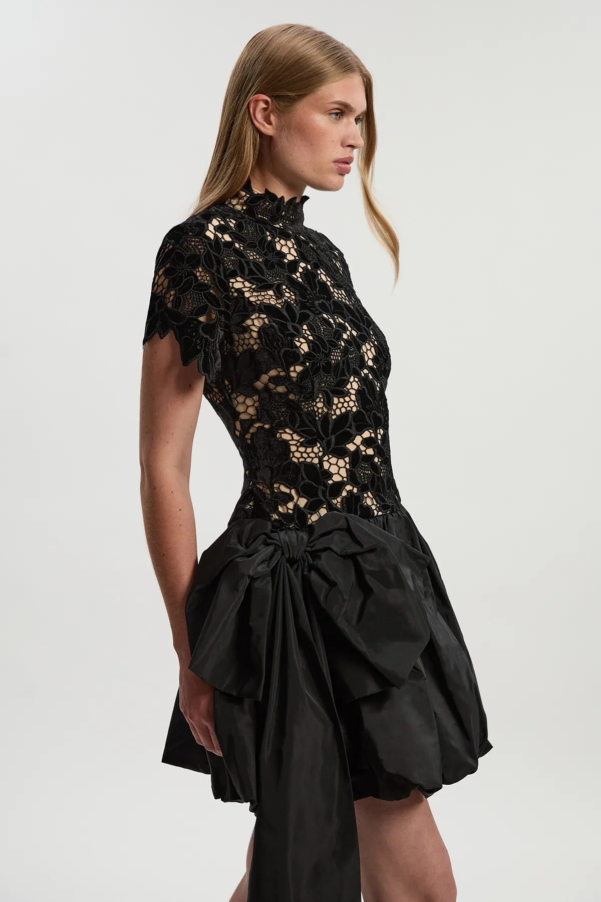 Cut Work bubble Hem Woven Mini Dress