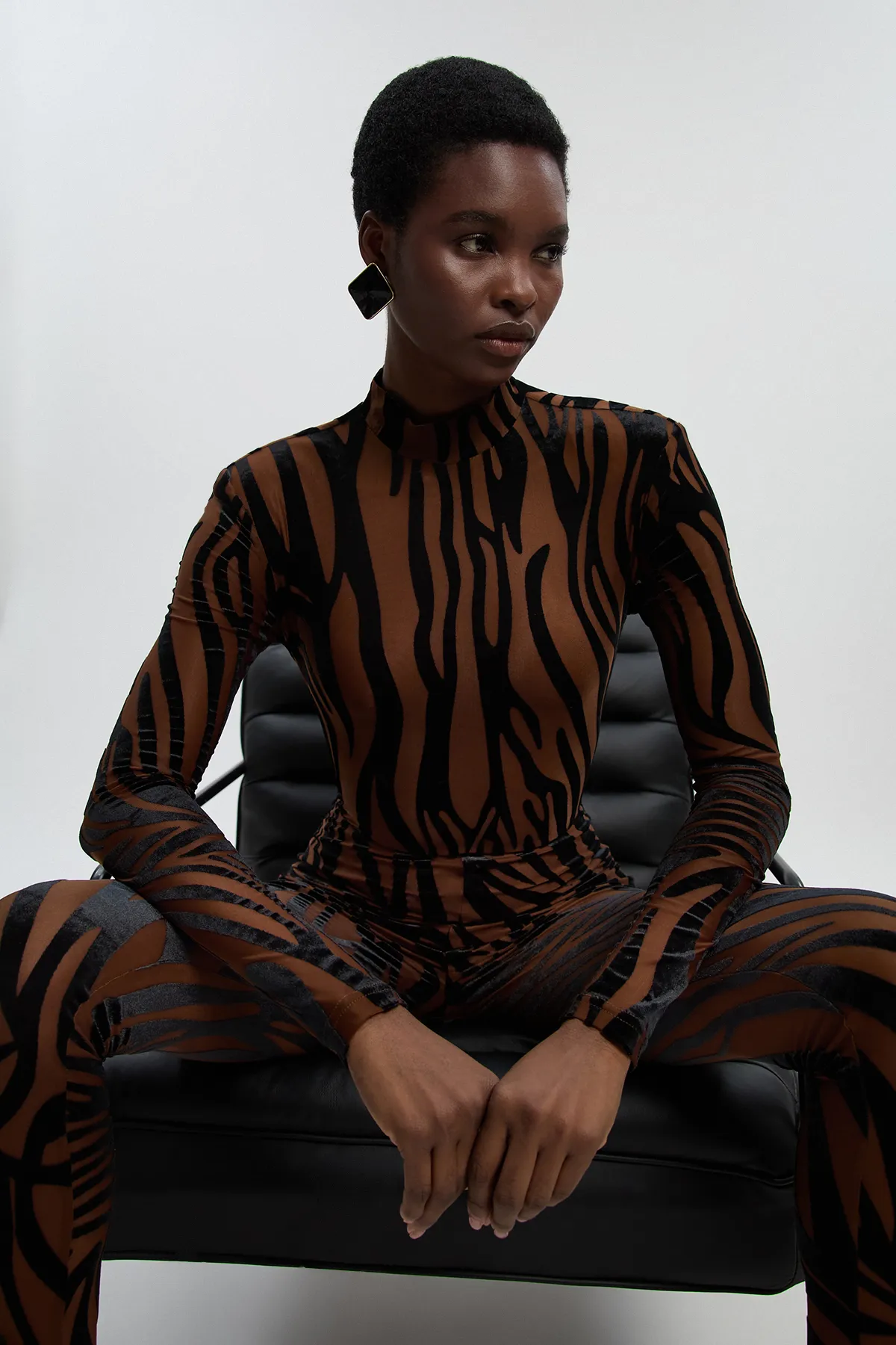 Animal Stretch Velvet Devore High Neck Catsuit BKK27106