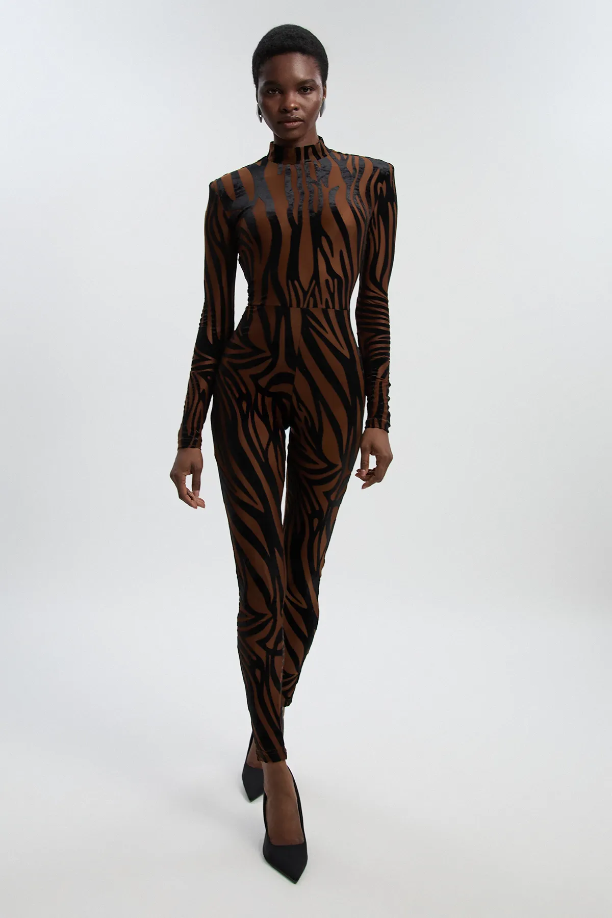 Animal Stretch Velvet Devore High Neck Catsuit BKK27106