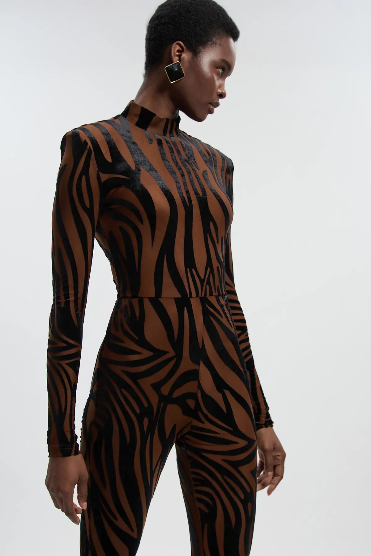 Animal Stretch Velvet Devore High Neck Catsuit BKK27106
