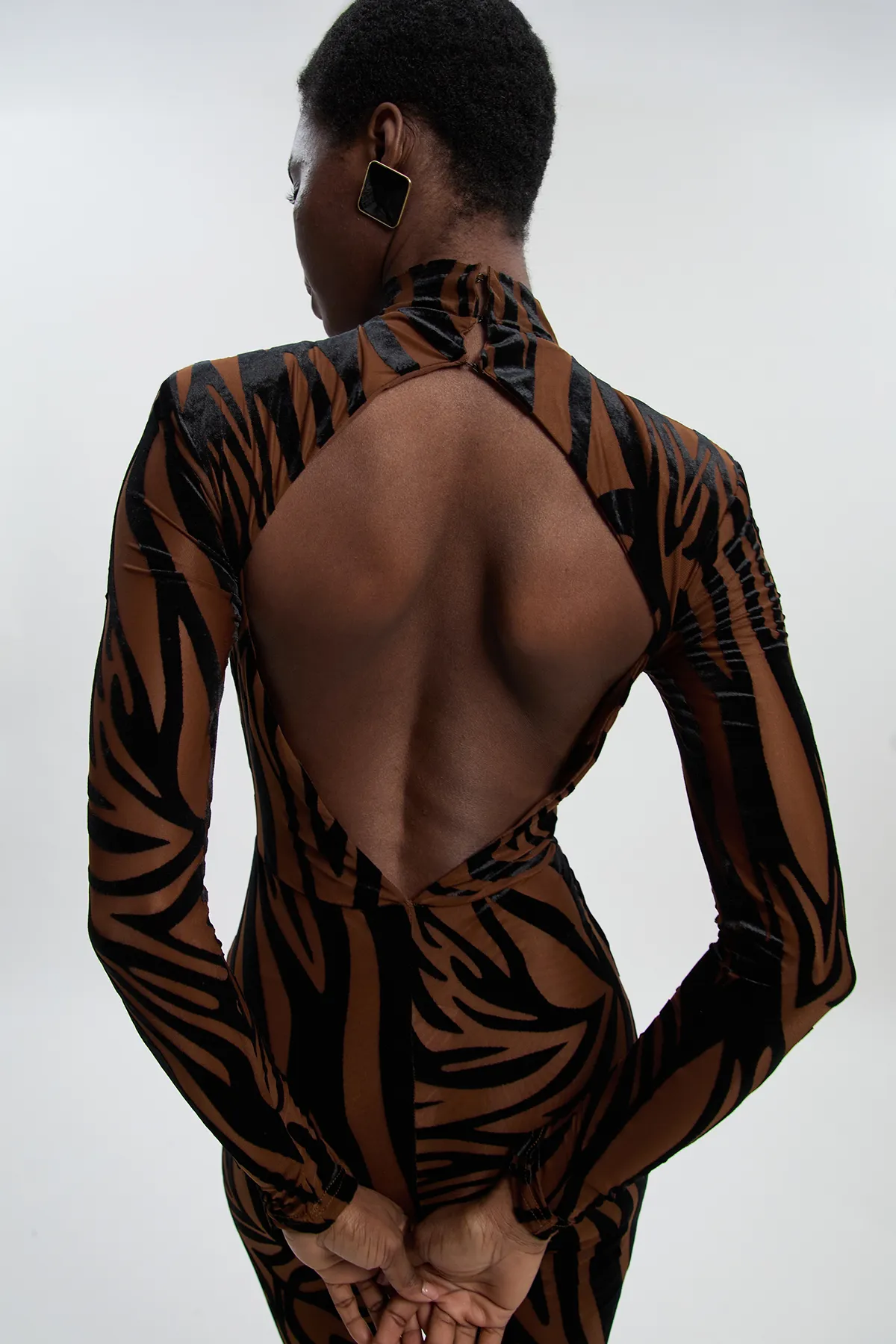 Animal Stretch Velvet Devore High Neck Catsuit BKK27106