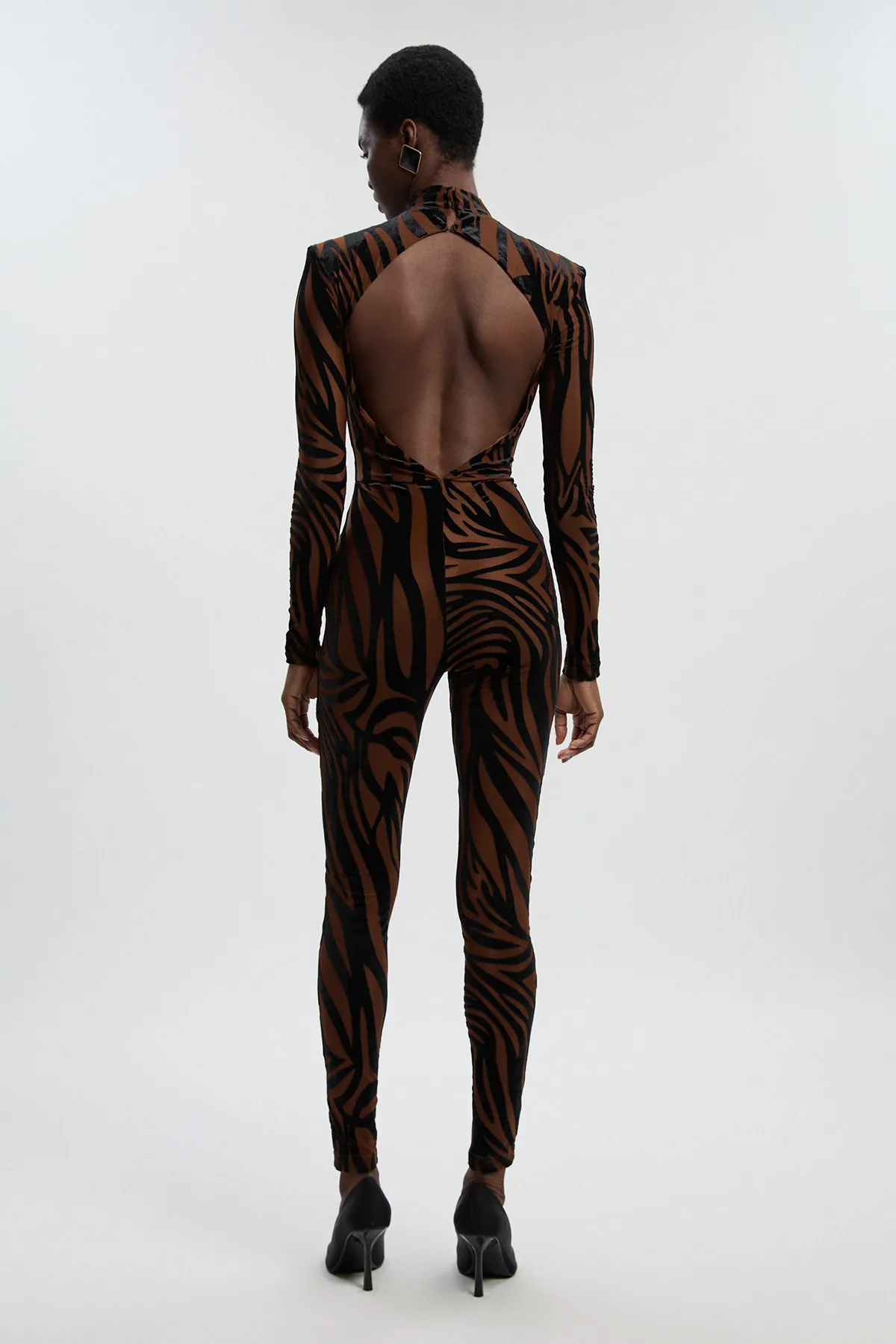 Animal Stretch Velvet Devore High Neck Catsuit BKK27106