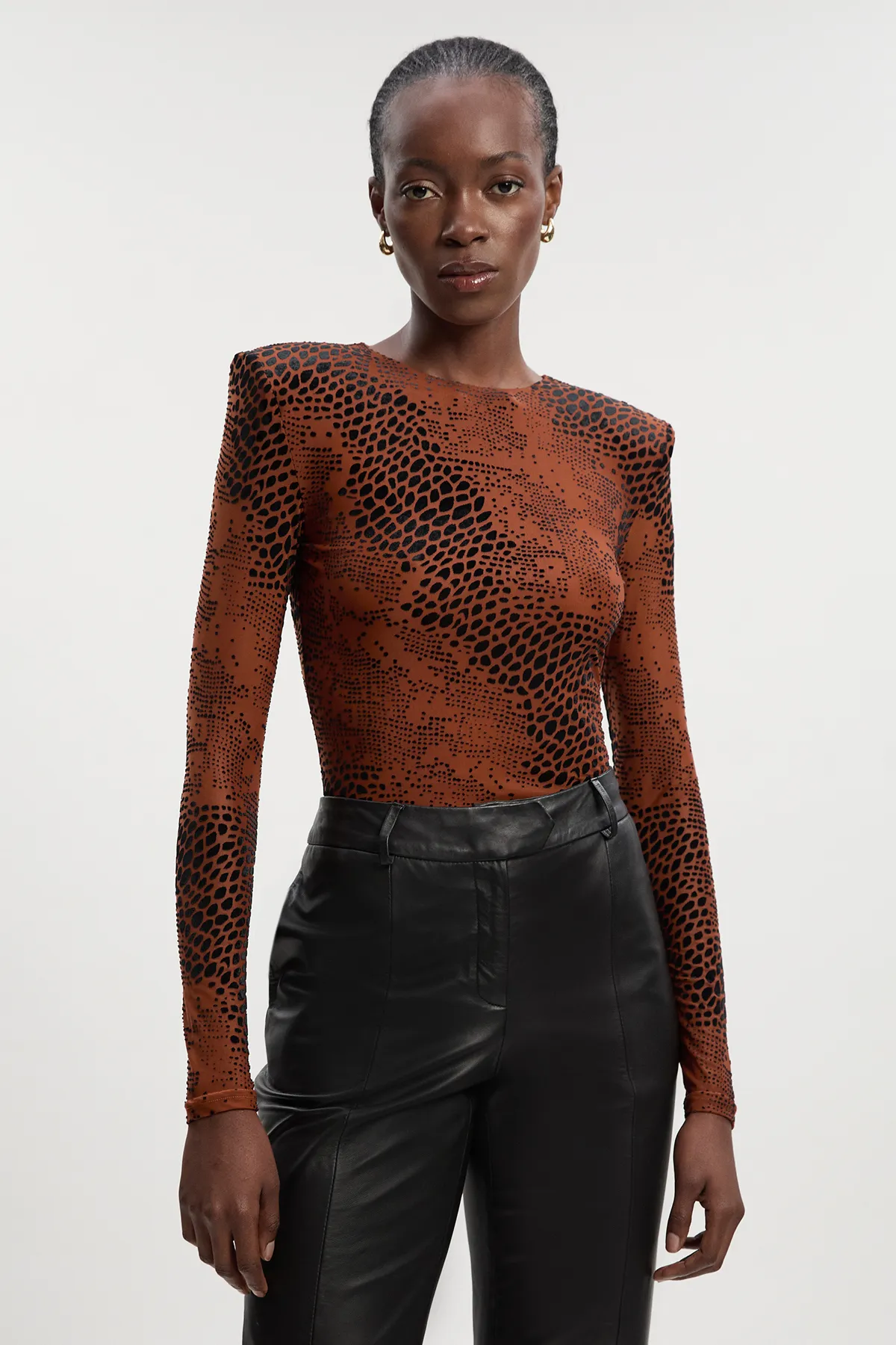 Animal Stretch Velvet Devore Crew Neck Bodysuit BKK27107