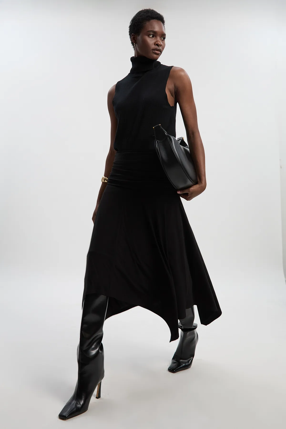 Stretch Drapey Crepe Ruched Hanky Hem Midi Skirt BKK27110