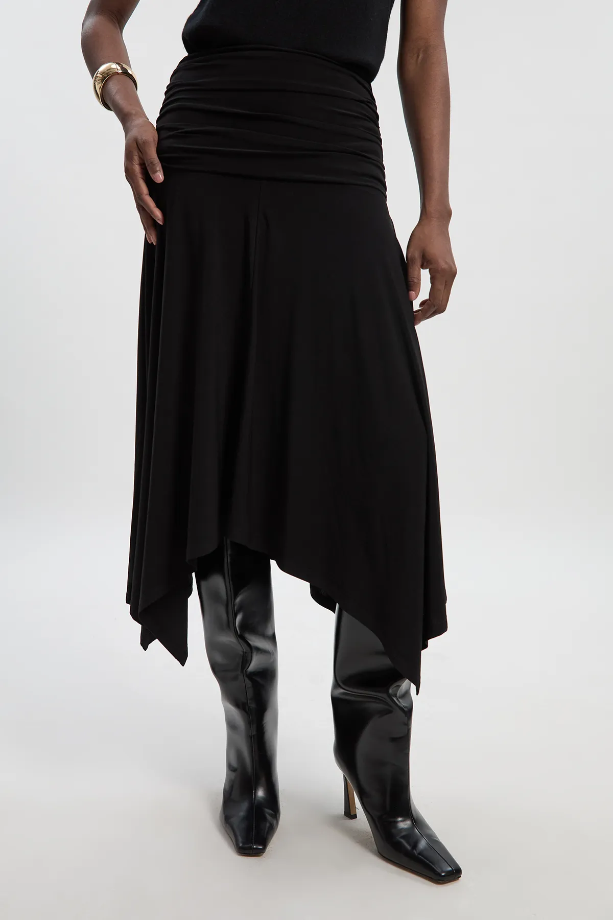 Stretch Drapey Crepe Ruched Hanky Hem Midi Skirt BKK27110