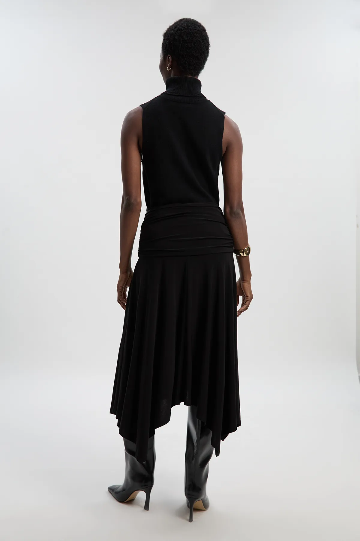 Stretch Drapey Crepe Ruched Hanky Hem Midi Skirt BKK27110