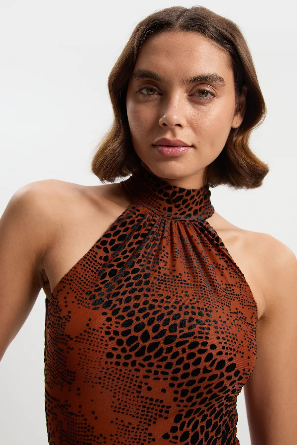 Animal Stretch Velvet Devore Halter Neck Mini Dress BKK27111