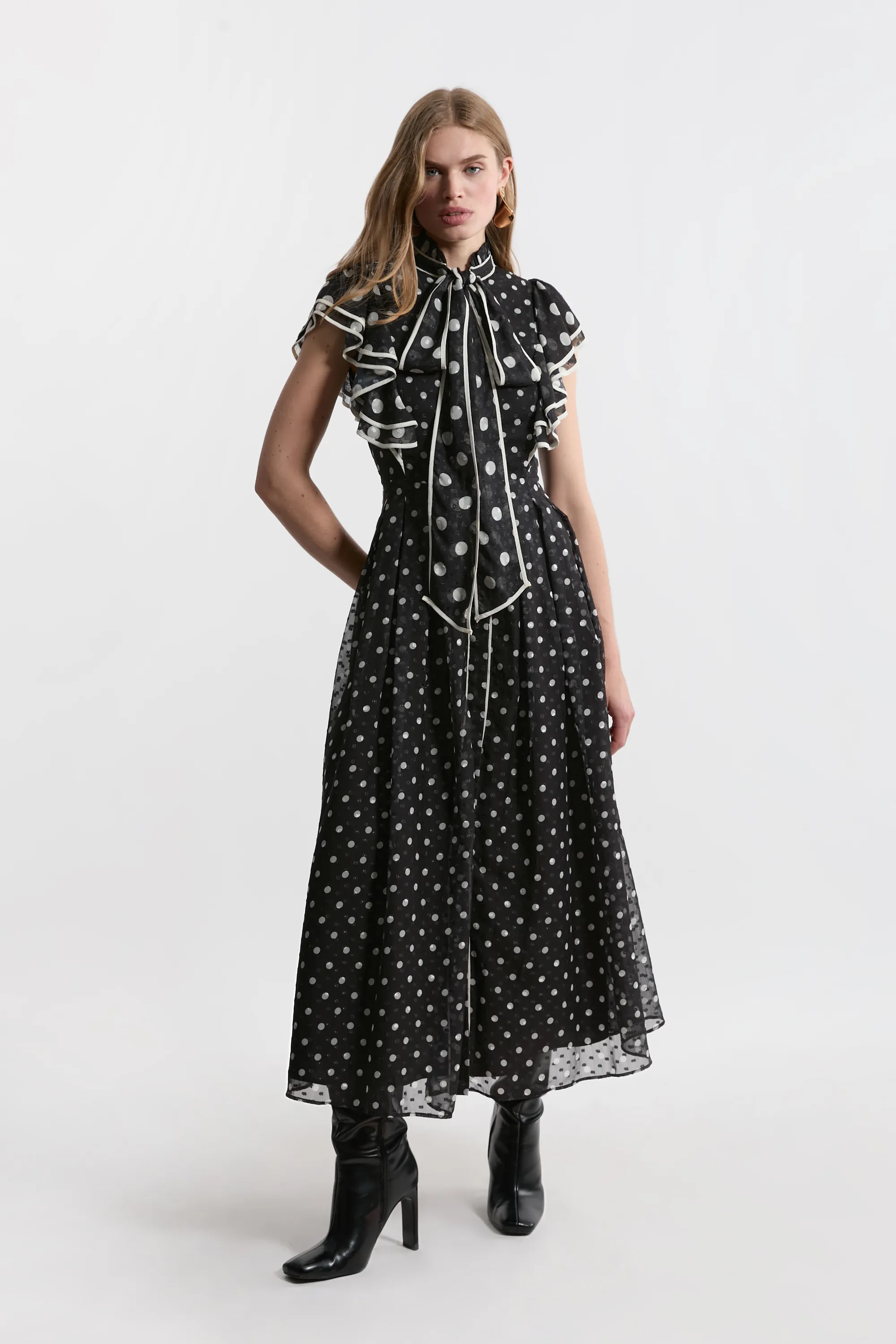 Petite Printed Dobby Ruffle Midi Dress BKK21460