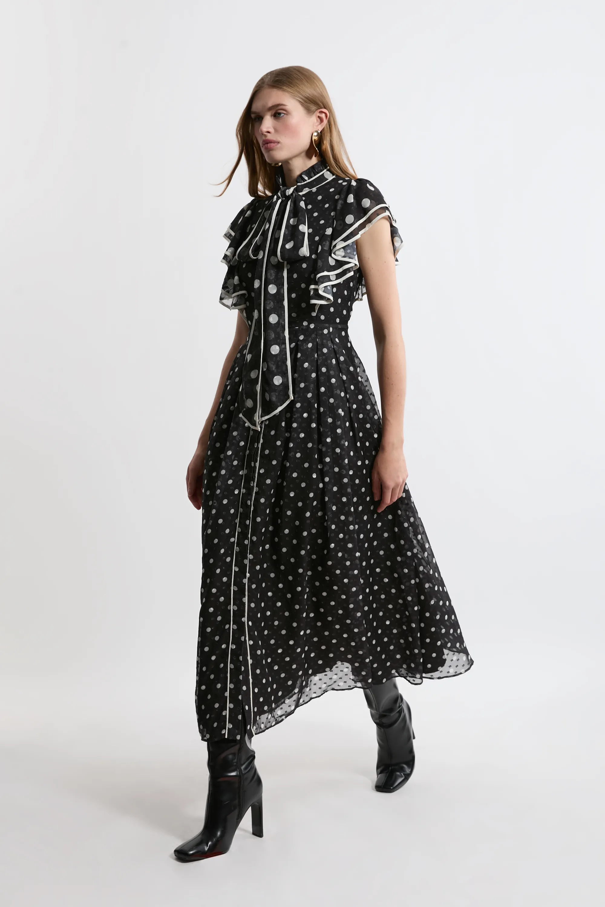 Petite Printed Dobby Ruffle Midi Dress BKK21460 3 Petite Printed Dobby Ruffle Midi Dress BKK21460