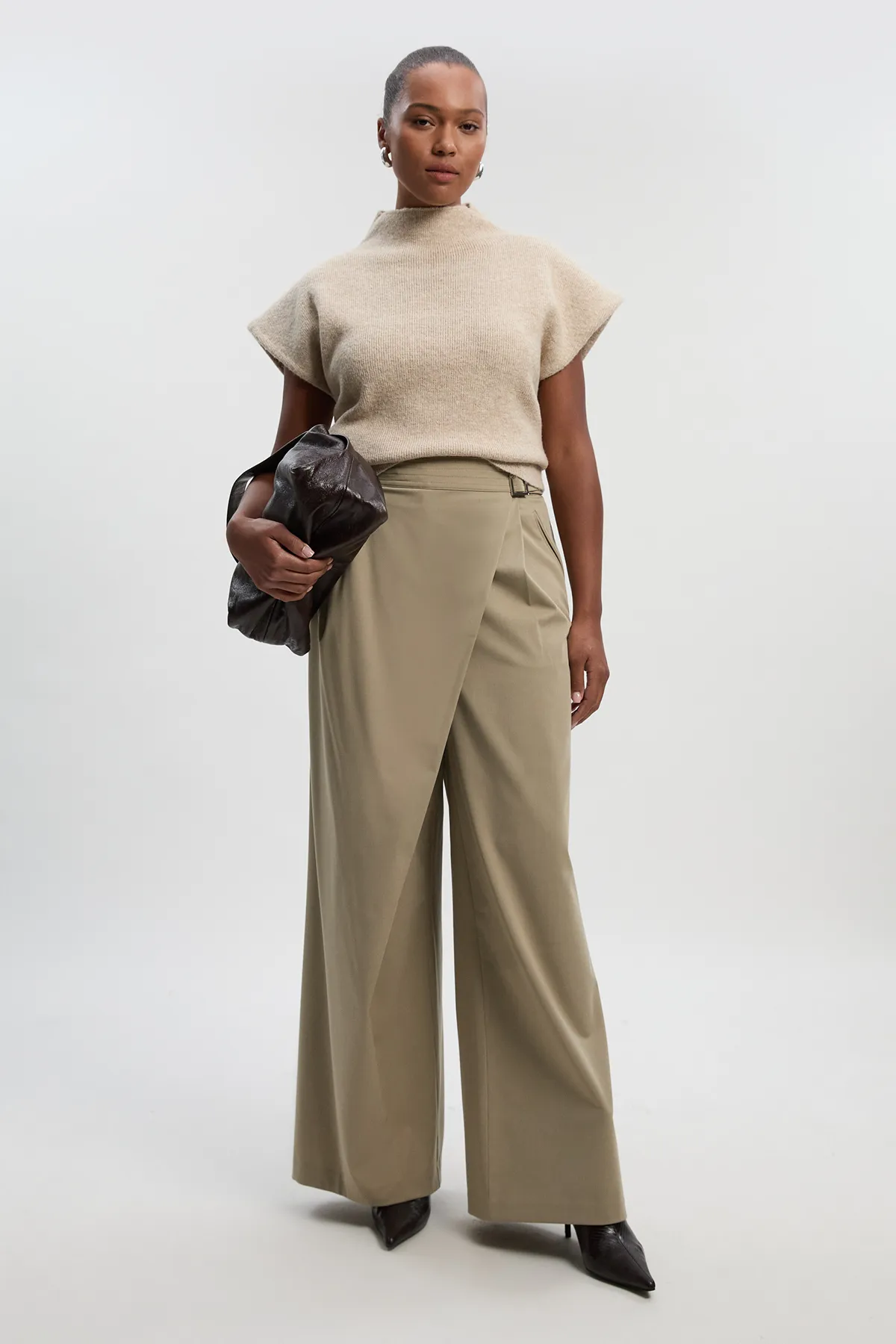 Plus Size Polished Viscose Belted Tailored Wide Leg BKK27191