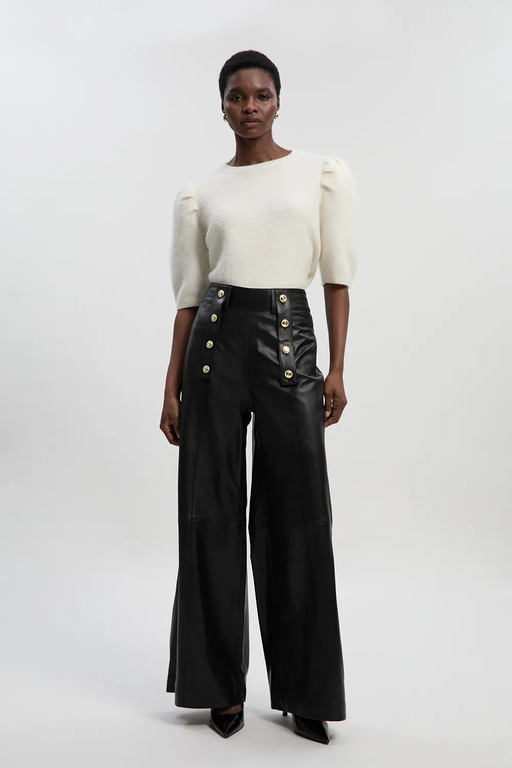 Leather Military Button Wide Leg Pants BKK27267