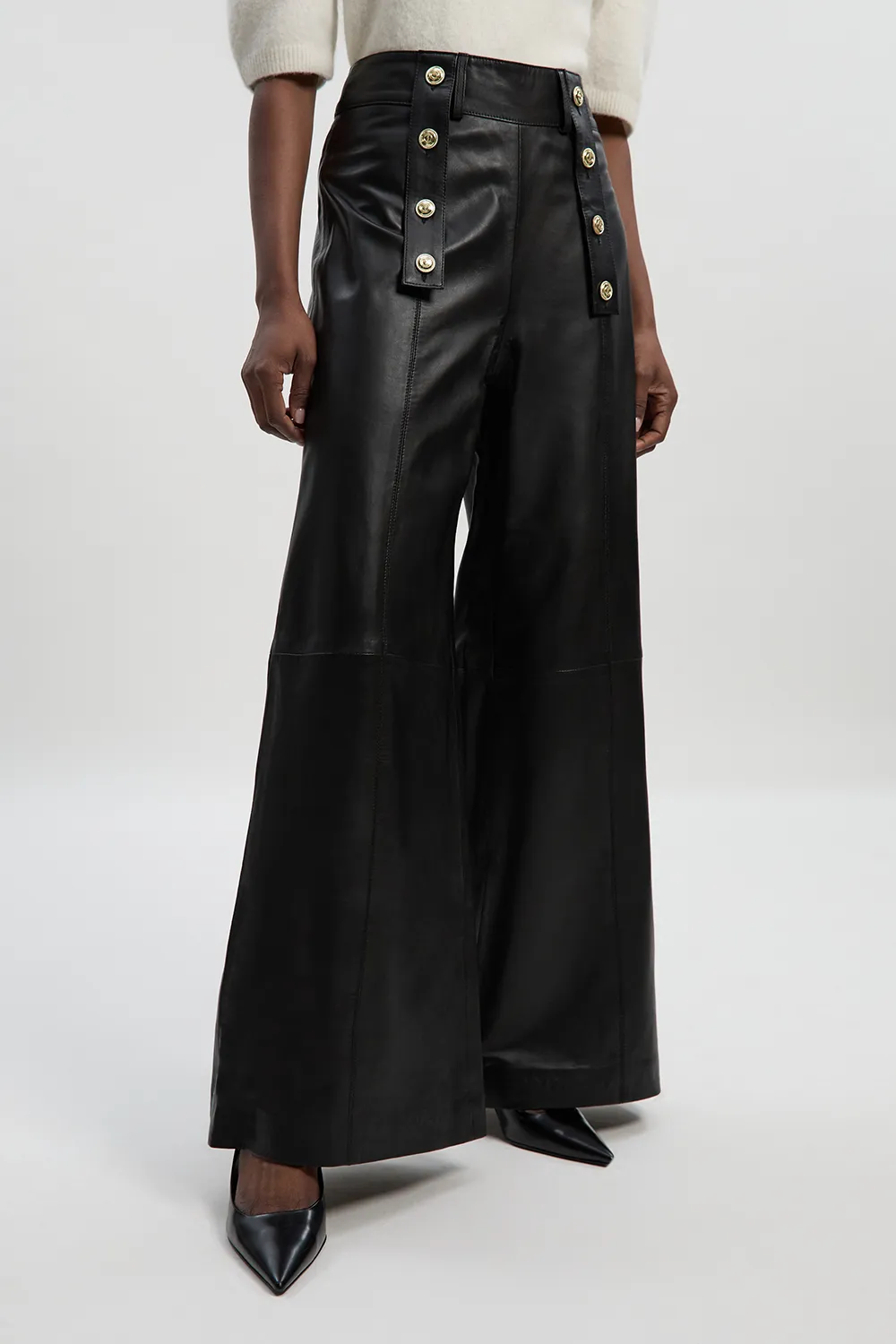 Leather Military Button Wide Leg Pants BKK27267