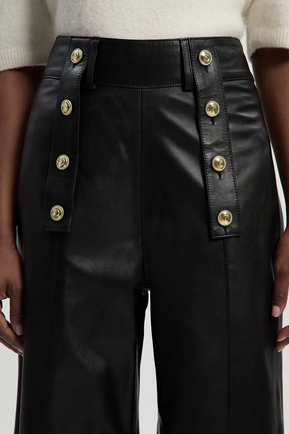 Leather Military Button Wide Leg Pants BKK27267 3 Leather Military Button Wide Leg Pants BKK27267