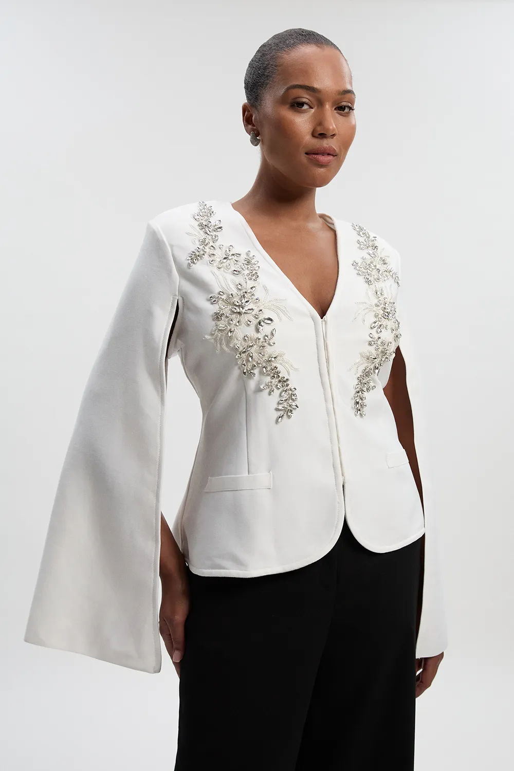 Plus Size Bandage Form Fitting Cape Sleeve Embellished Jacket BKK27272