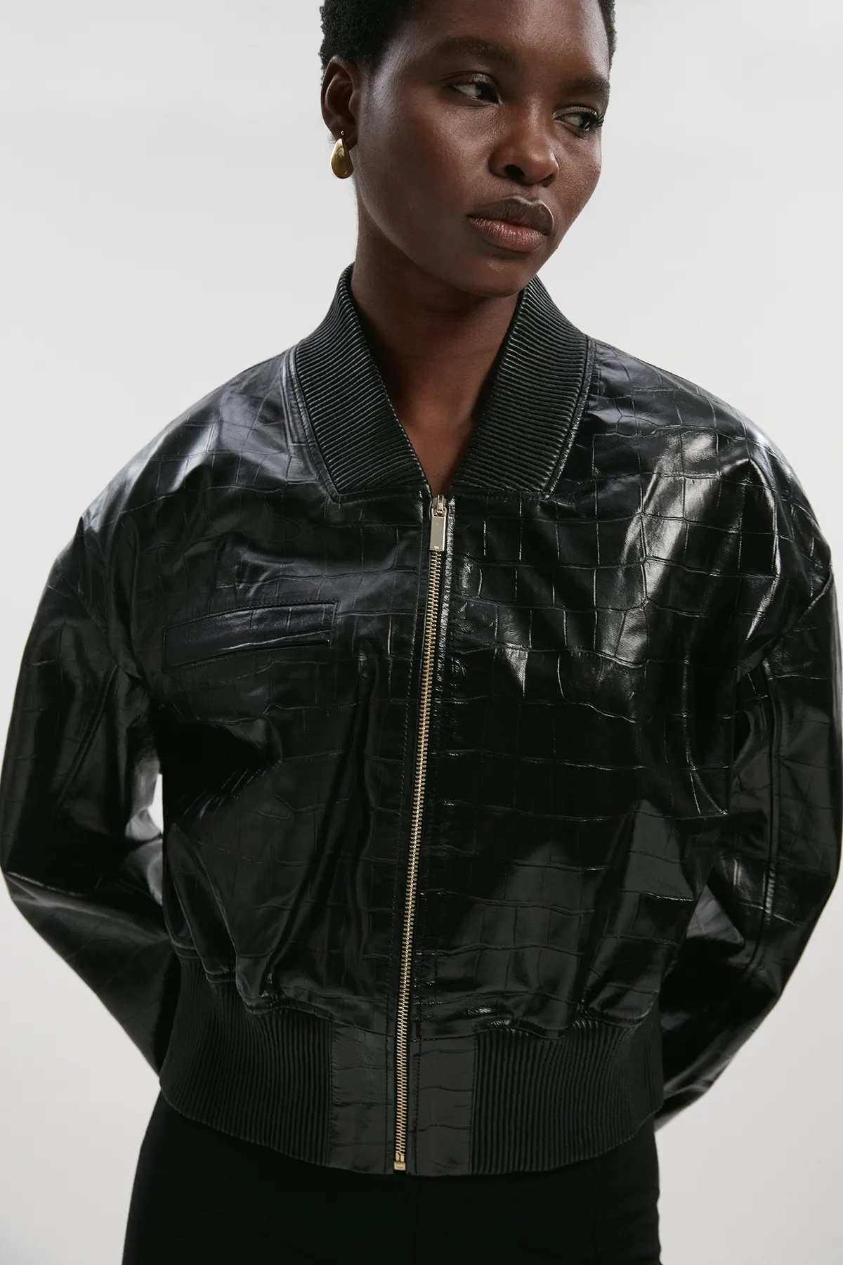 High Shine Croc Embossed Leather Bomber Jacket BKK27595