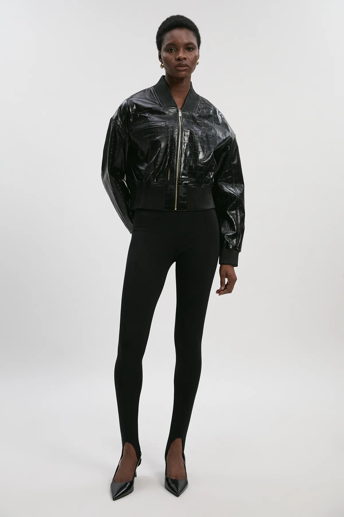 High Shine Croc Embossed Leather Bomber Jacket BKK27595