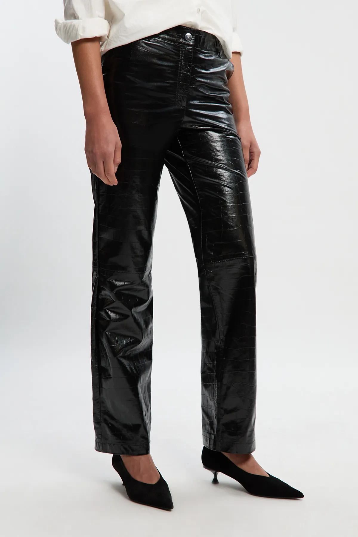 High Shine Croc Embossed Leather Straight Pants BKK27601