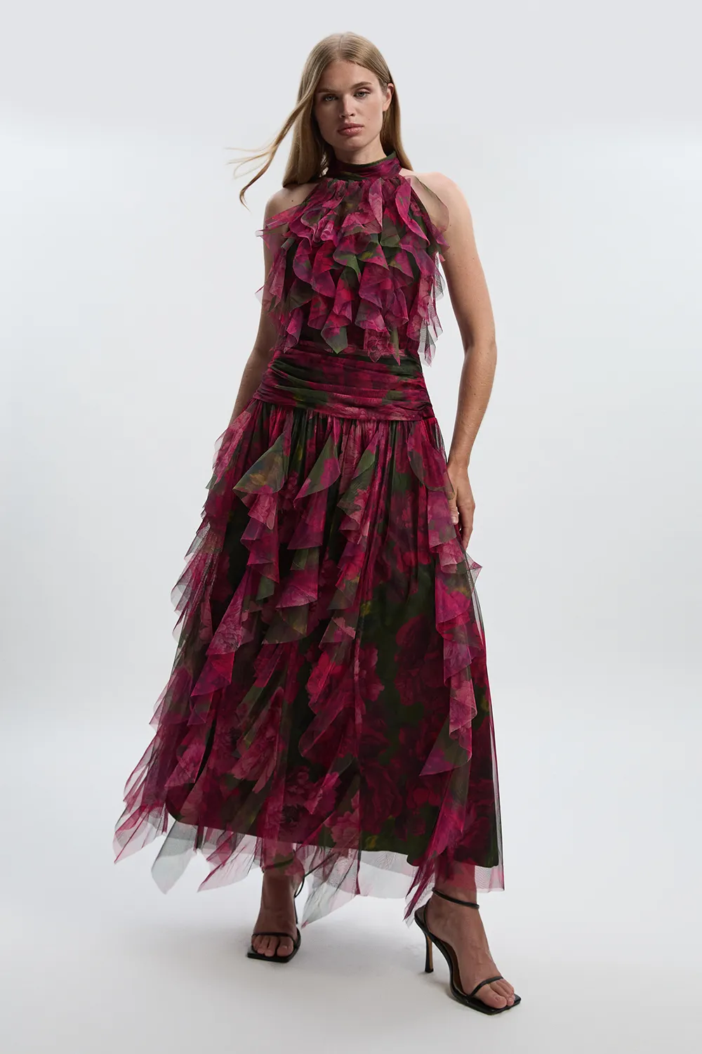 Rose Floral Tulle Halter Neck Woven Maxi Dress BKK27706