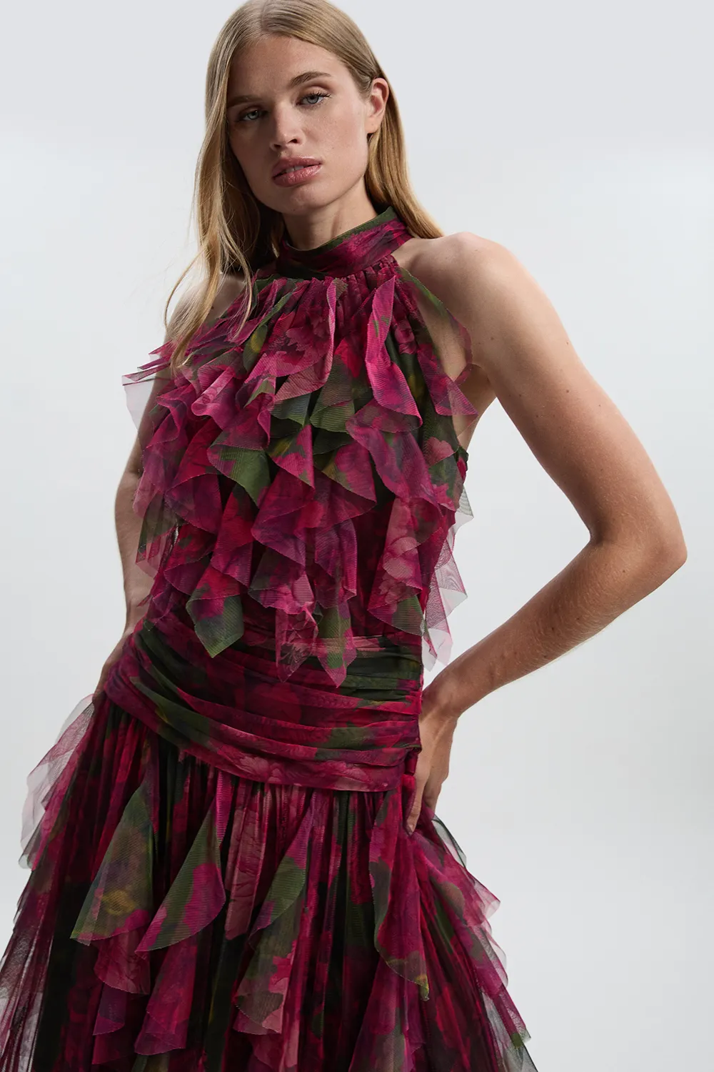 Rose Floral Tulle Halter Neck Woven Maxi Dress BKK27706