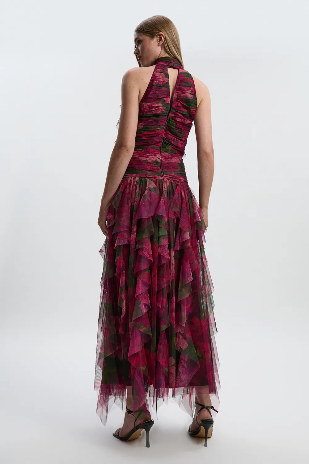 Rose Floral Tulle Halter Neck Woven Maxi Dress BKK27706