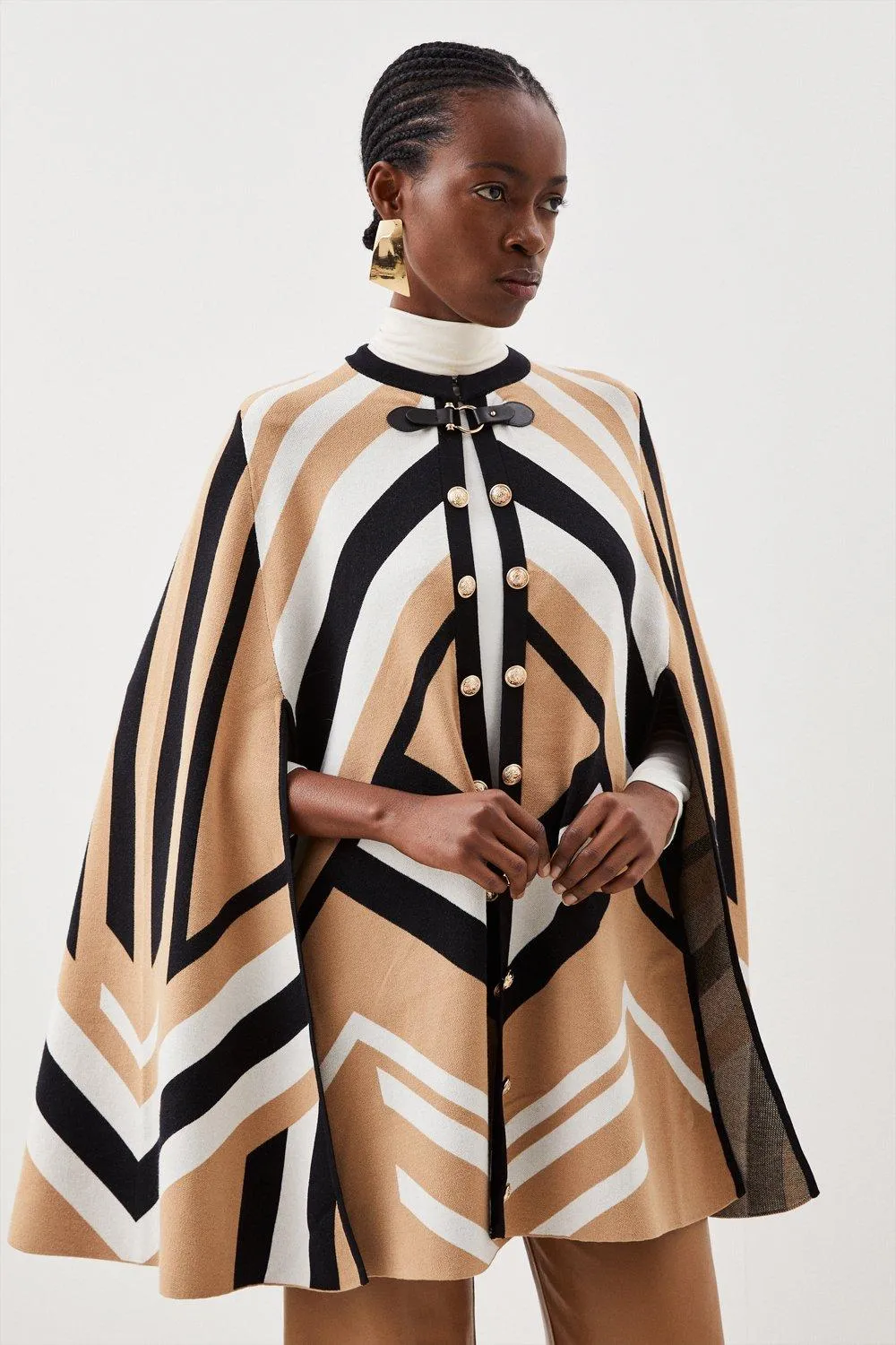 Viscose Blend Military Trim Knitted Cape AKK03706