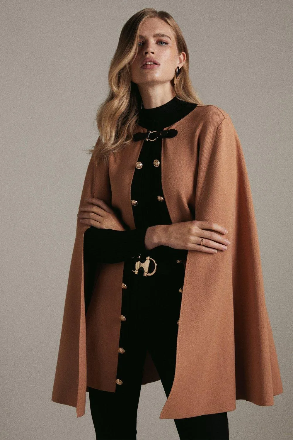 Viscose Blend Military Trim Knitted Cape AKK03706 4 Viscose Blend Military Trim Knitted Cape AKK03706