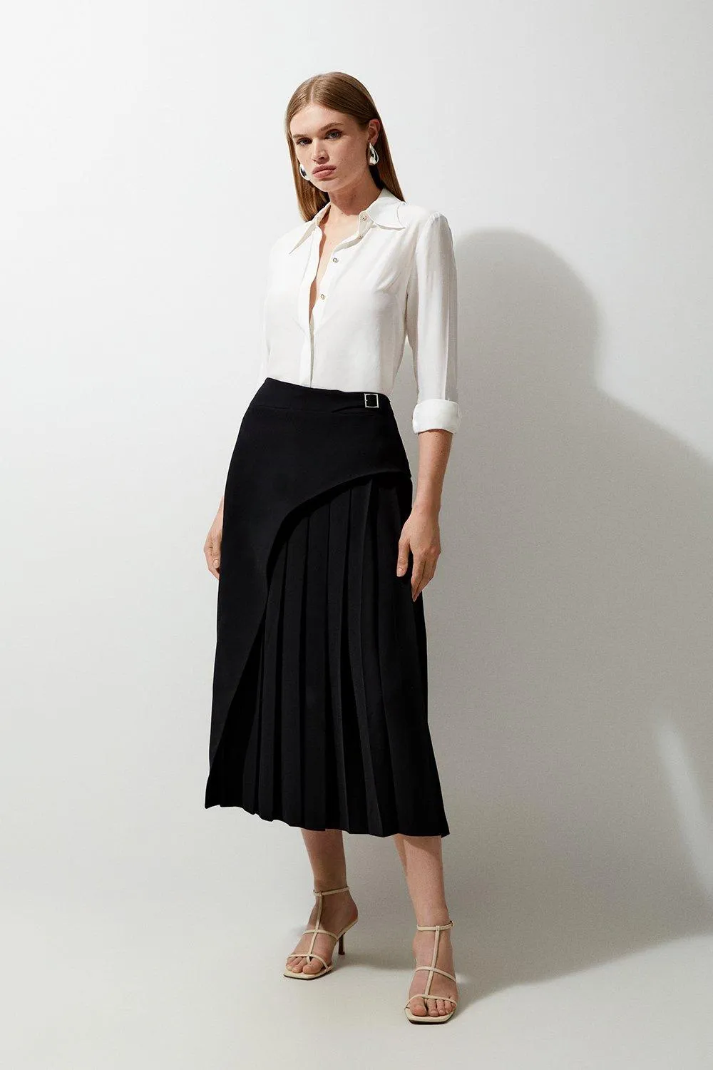 Tailored Buckle Detail Pleated Midi Skirt BKK09626