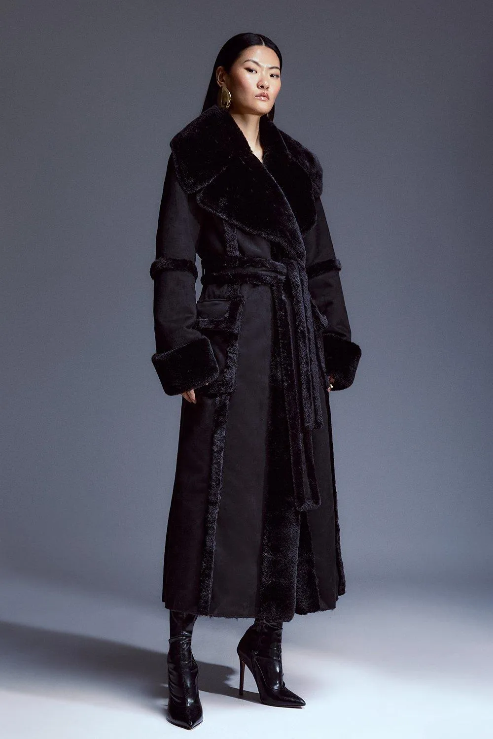 Faux Shearling Collar & Cuff Tie Belt Maxi Coat BKK10170